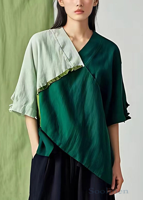 Green V Neck Asymmetrical Cotton T Shirt Half Sleeve
