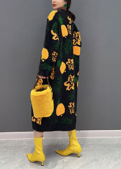 Black Jacquard Mink Hair Knitted Long Dress O-neck Oversized Winter