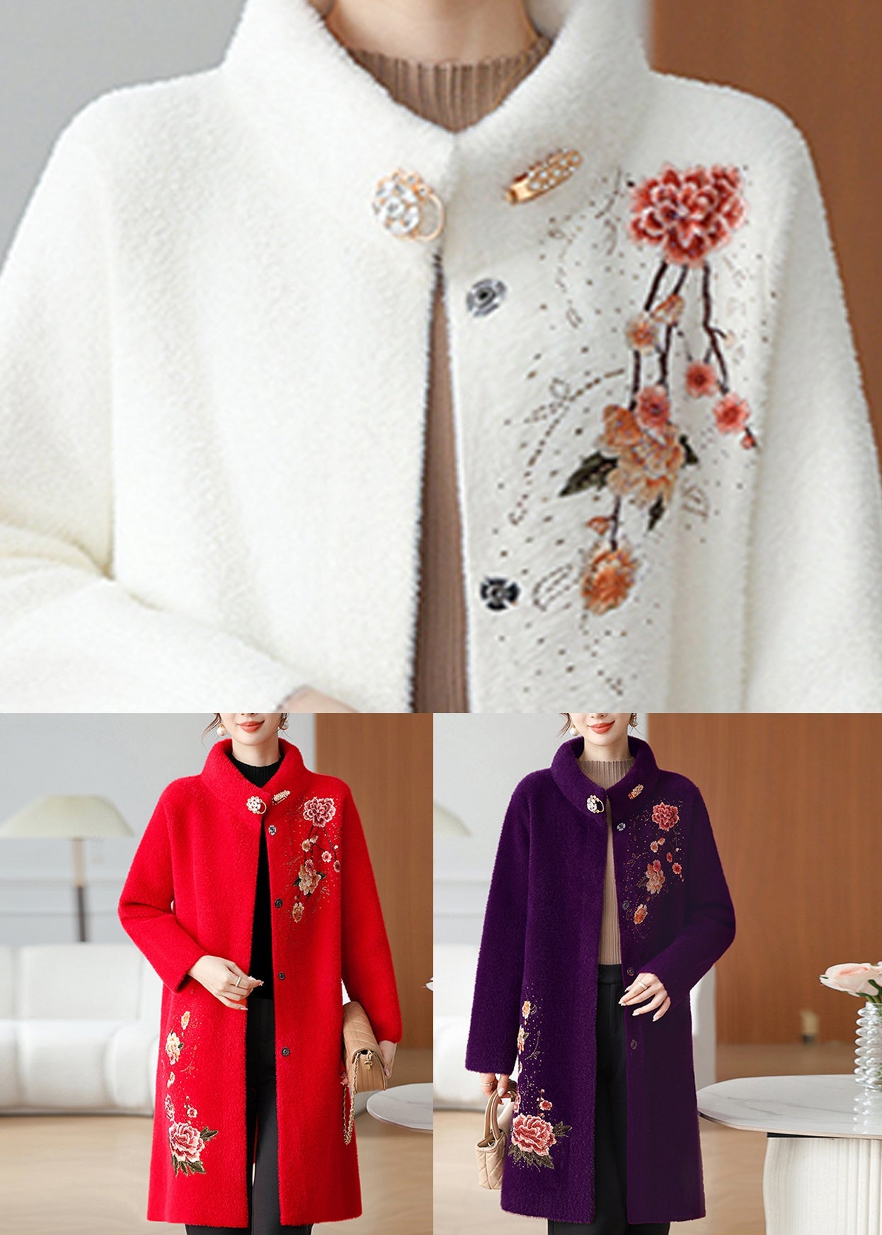 Red Embroidered Long Mink Velvet Coats Spring