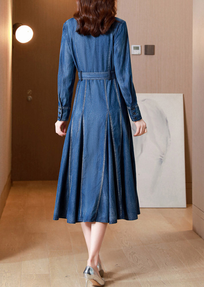 Blue V Neck Print Button Sashes Silk Denim Maxi Dresses Long Sleeve Spring