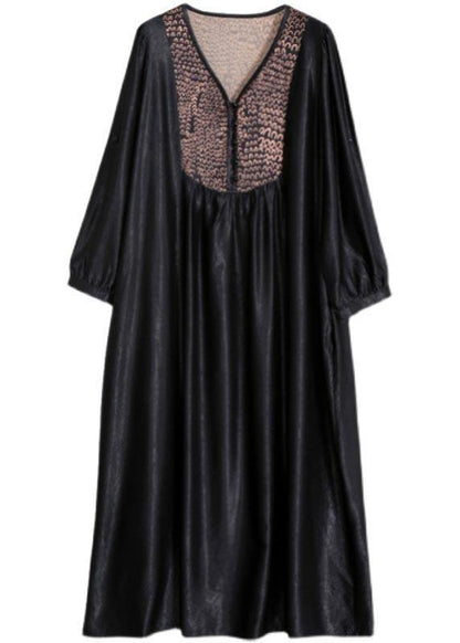 Organic Black Quilting Clothes V Neck Patchwork Robes Spring Dress