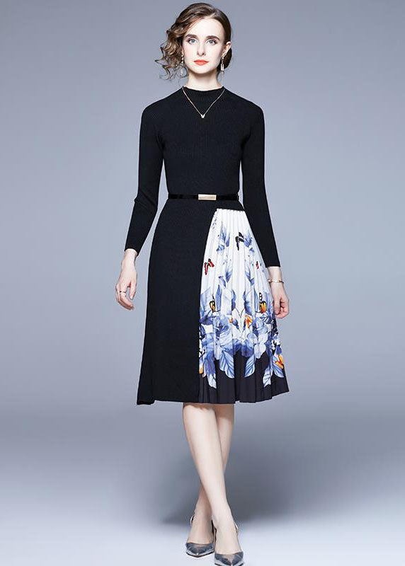 French Black O-neck Patchwork Print Knit Long Dress Long Sleeve
