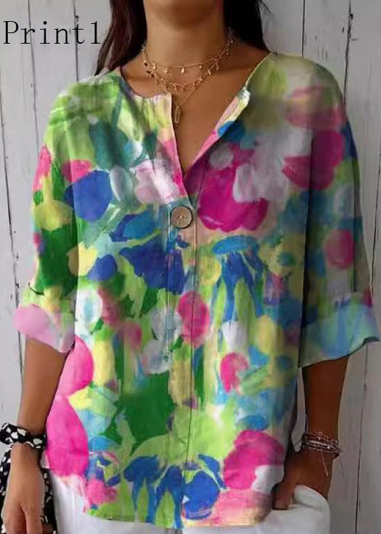New O-neck Print Button Cotton Shirt Spring