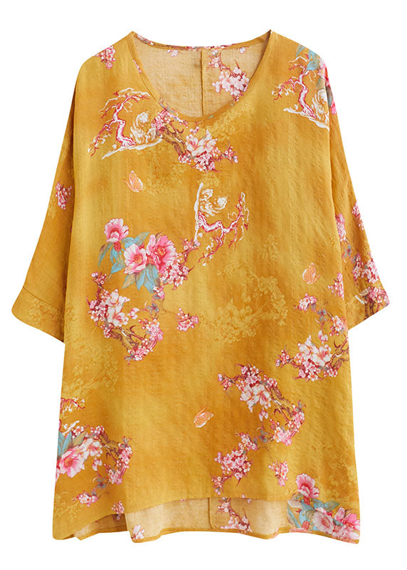 Yellow O-neck Print Linen Tank Tops Half Sleeve