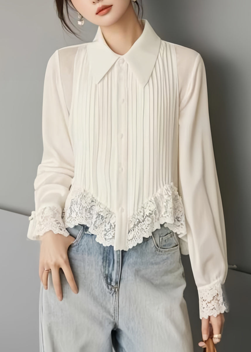 Art White Button Lace Chiffon Blouses Spring