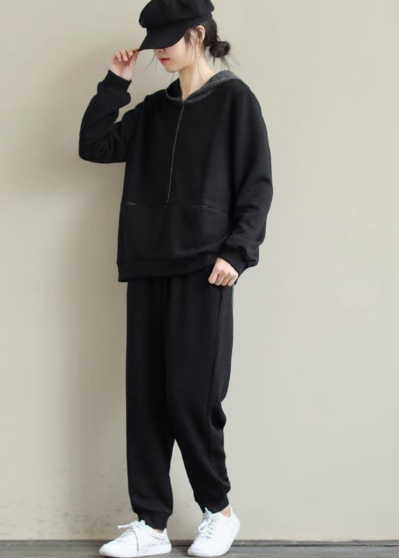 Loose Black Color Matching Hoodie and Elastic Pants Suit