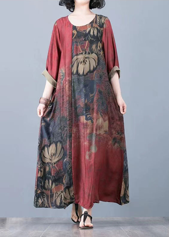 Red O-neck Print Silk Ankle Dresses Three Quarter Sleeve