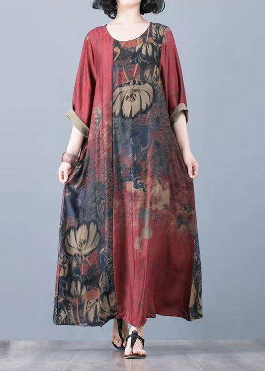 Red O-neck Print Silk Ankle Dresses Three Quarter Sleeve