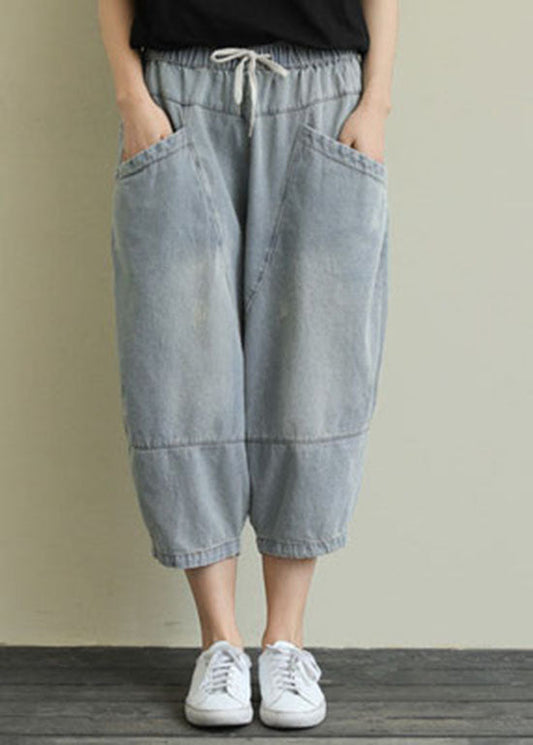 French Light Blue Pockets Elastic Waist Cotton Denim Pants Spring