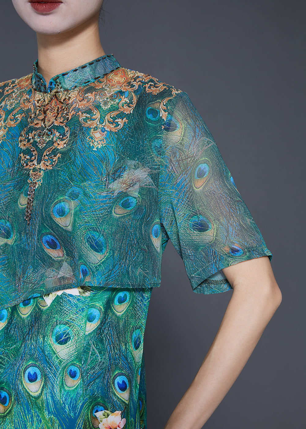 Green Peacock Print Side Open Silk Dress Summer