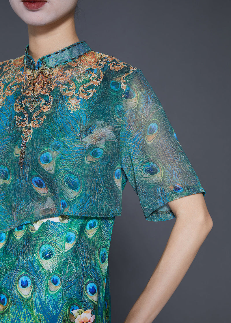 Green Peacock Print Side Open Silk Dress Summer