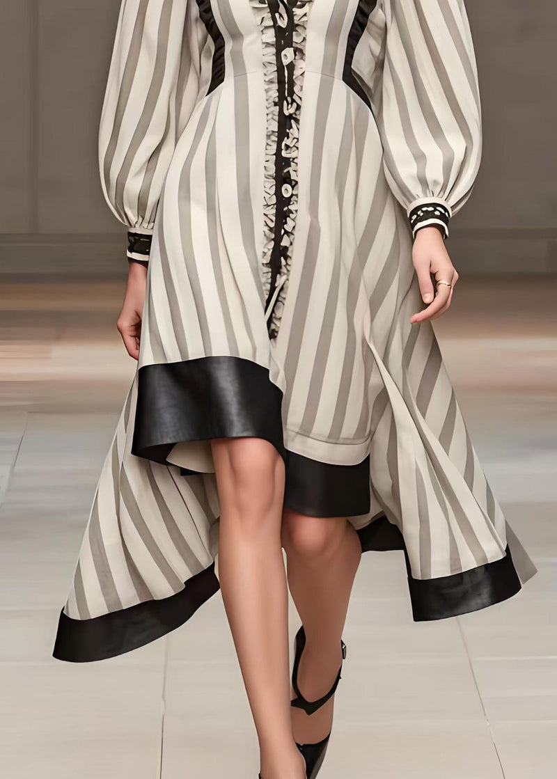 White Ruffled Patchwork Striped Cotton Dress Spring (ships in 15 Business Days)