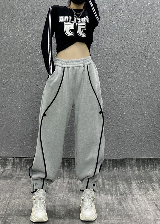 Grey Asymmetrical Pockets Elastic Waist Cotton Sport Pants Fall
