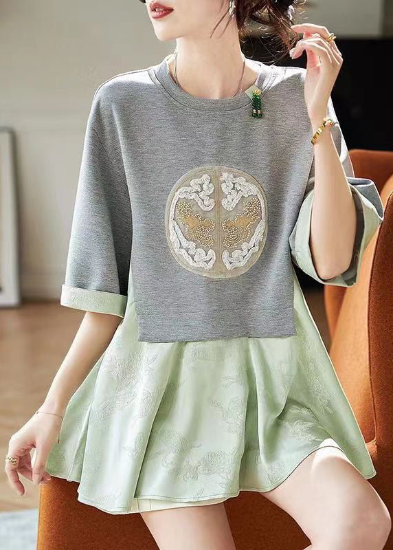 Green False Two Pieces Print Patchwork Cotton Top Summer
