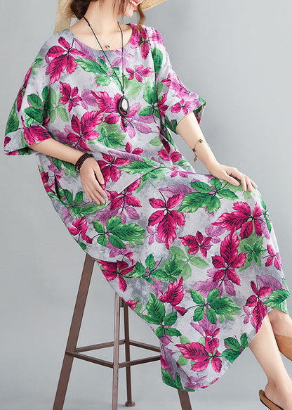 Italian Red O-neck Oversized Print Linen Long Dresses Gown Half Sleeve