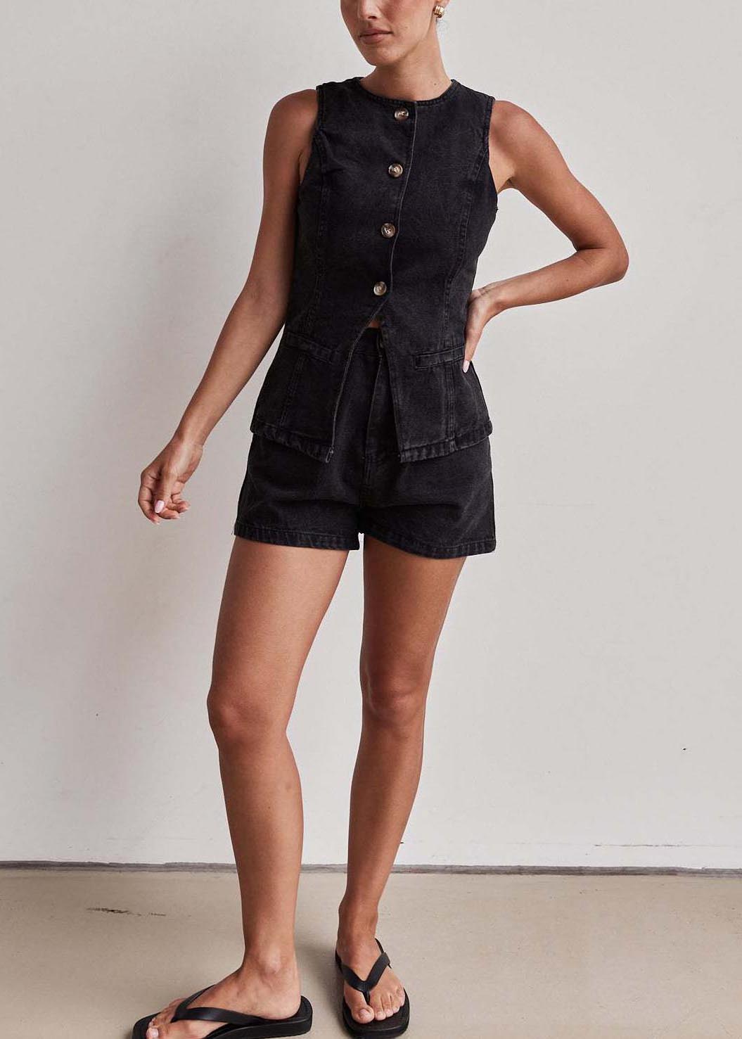 Black O-neck Side Open Denim Two Pieces Set Sleeveless