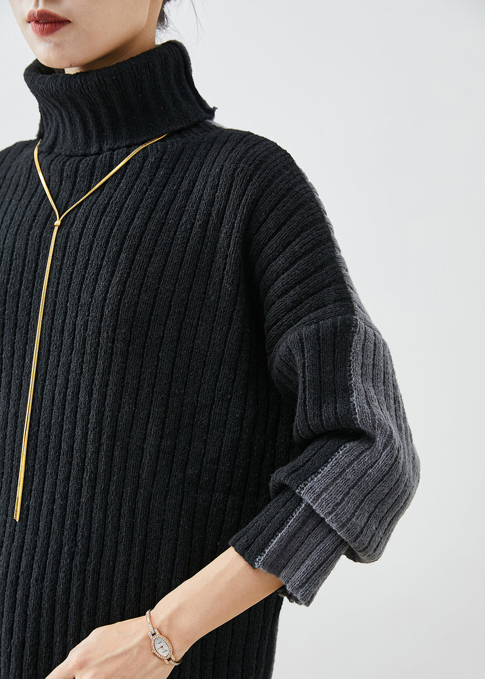 Italian Black Grey Turtle Neck Patchwork Knit Wear on Both Sides Sweater Dress Winter