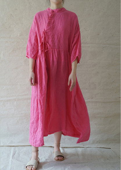 Classy Rose Stand Collar Button Cinched Linen Holiday Dress Half Sleeve