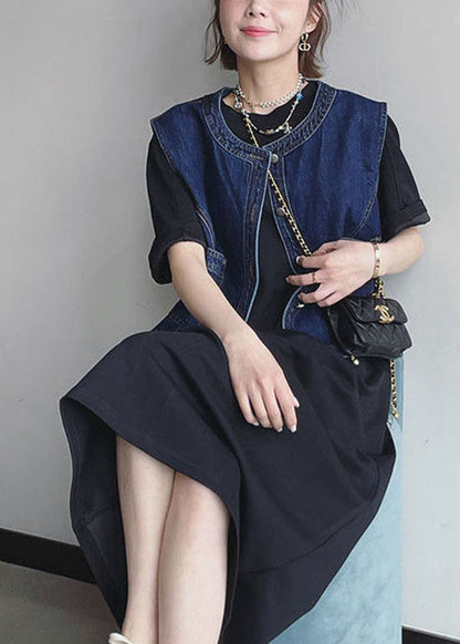 Navy O-neck Pockets Cotton Denim Vests Sleeveless