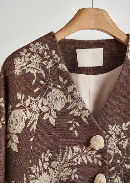 Brown Embroidered Decorated Cotton Jackets Fall