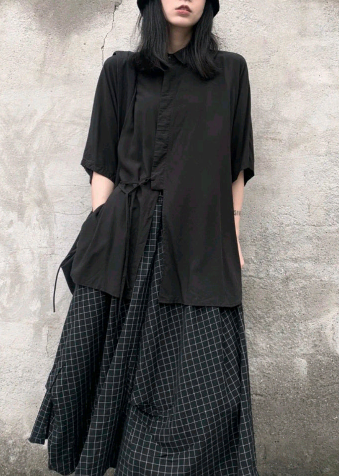 Black Peter Pan Collar Lace Up Patchwork Cotton Shirts Bracelet Sleeve
