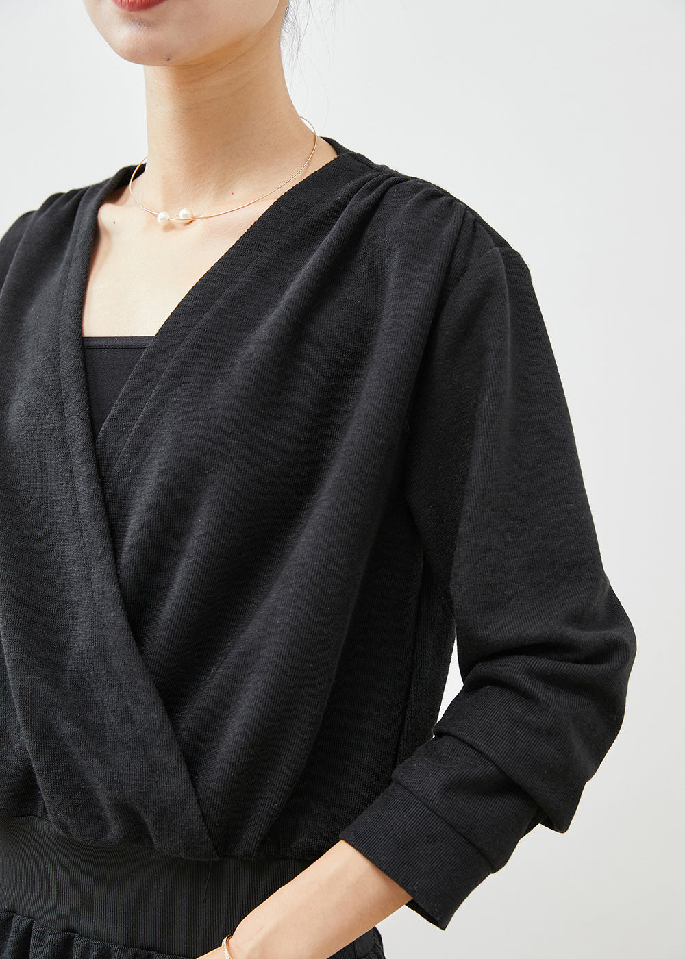 Black V Neck Elastic Waist Cotton Sweatshirts Dress Fall