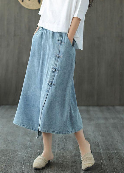 Light Blue Asymmetrical Design Button a Line Pockets Fall Skirts