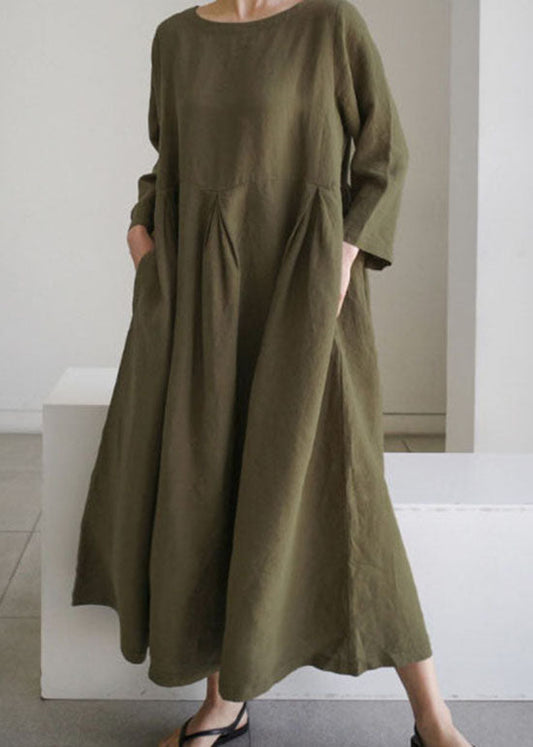Organic Army Green O-neck Loose Cotton Dress Spring