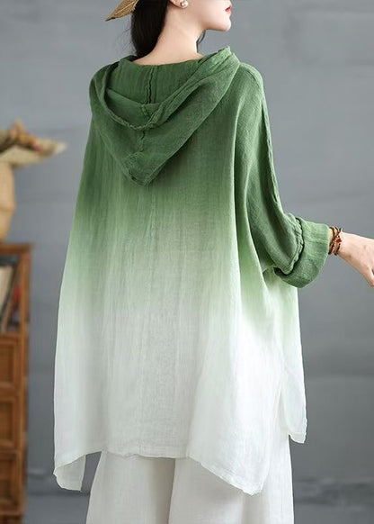 Gradient Green Hooded Linen Loose Sweatshirts Spring
