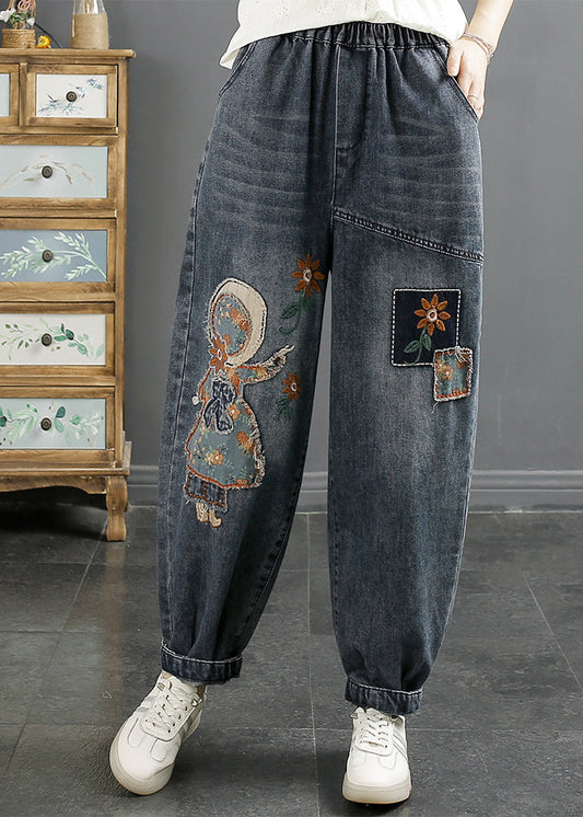 Navy Embroideried Applique Denim Harem Pants Winter