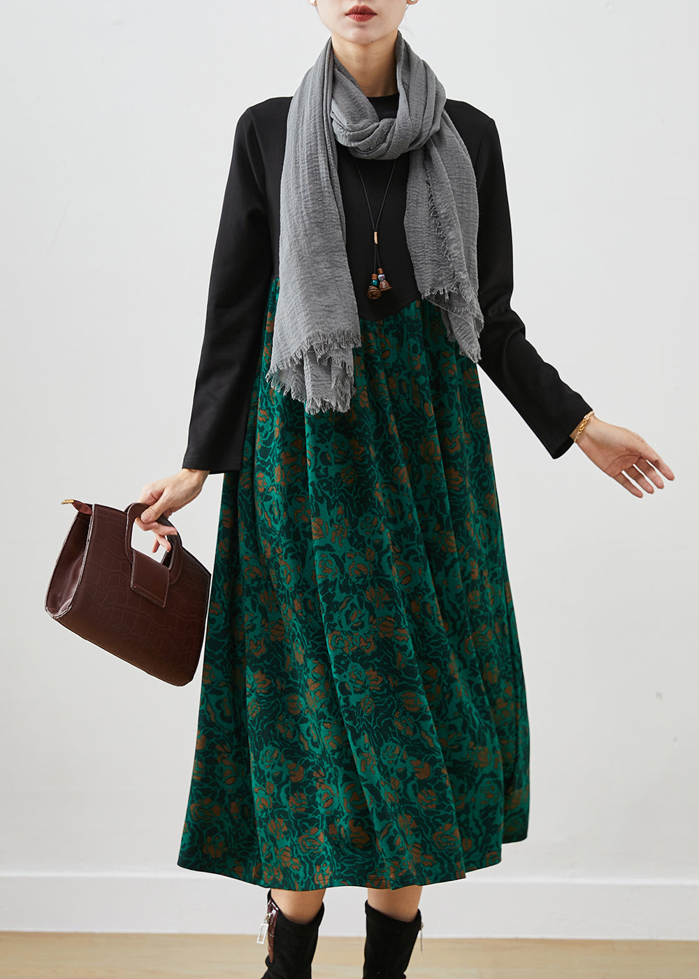 Green Print Patchwork Cotton Maxi Dress Fall