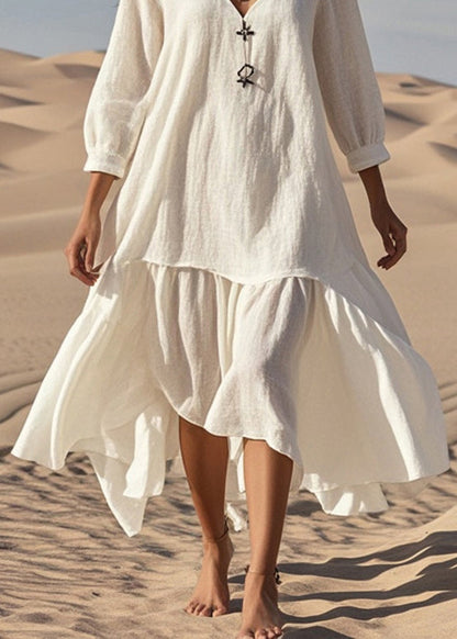 White V Neck Cotton Vacation Dresses Bracelet Sleeve