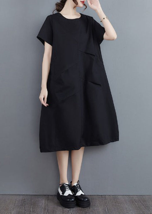 Black Pockets Vacation Dresses Wrinkled Short Sleeve