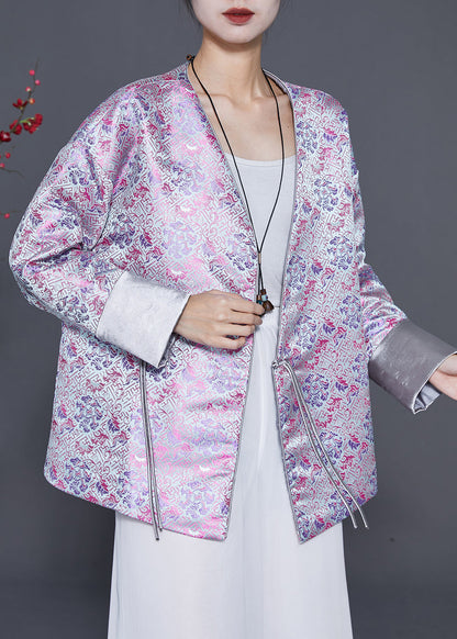 Light Purple Tasseled Print Silk Coats Spring