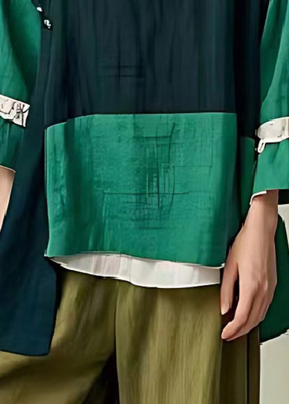 Diy Dull Green Asymmetrical Patchwork Linen Shirt Tops Flare Sleeve
