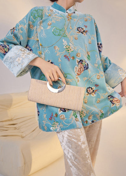 Fine Blue Embroidered Sequins Silk Velour Oriental Coat Fall