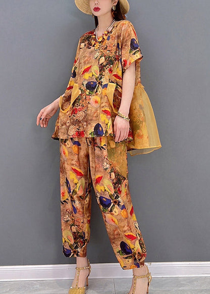 Yellow O-neck Print Tulle Patchwork Chiffon Tops and Pants Two Piece Set Clothing Short Sleeve