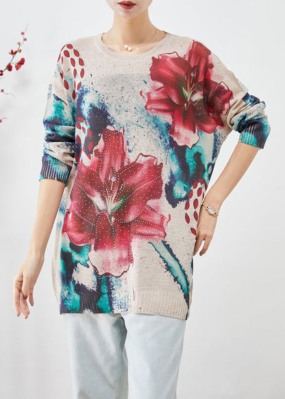 Diy Beige Oversized Print Knit Pullover Fall