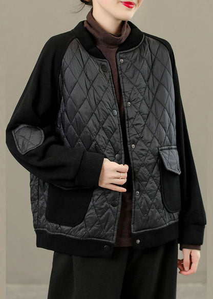 Coffee O-neck Plaid Patchwork Button Down Jackets Winter
