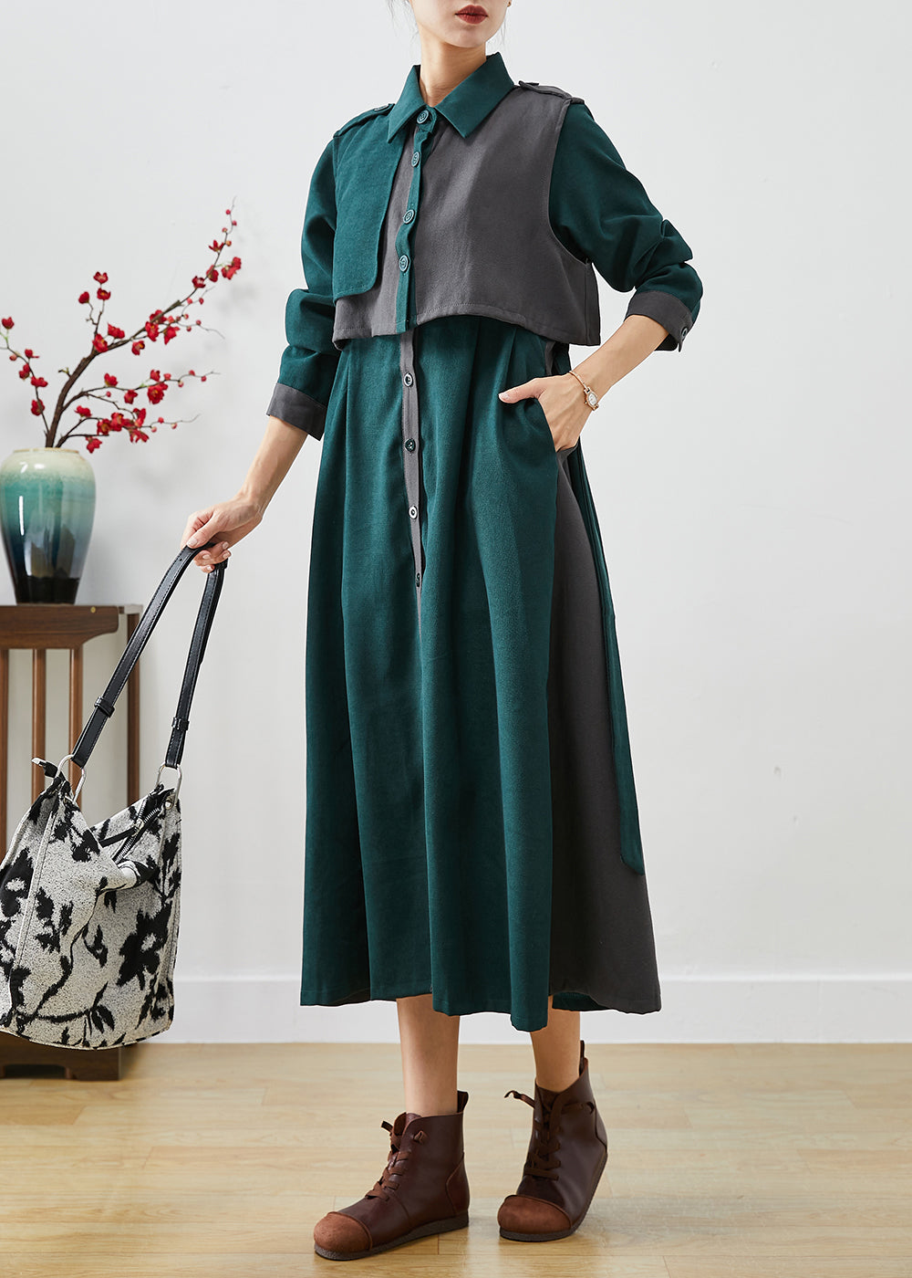 Green Peter Pan Collar Patchwork Cotton Two-piece Set Fall