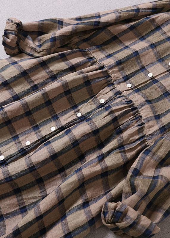 Unique Khaki Plaid Patchwork Pockets Button Fall Long Sleeve Dresses