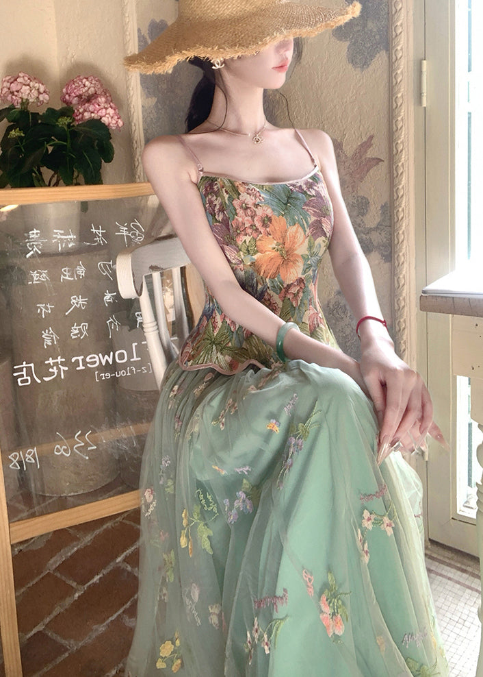 Green Print Tulle Vests and Skirts Two Piece Set Outfits Summer