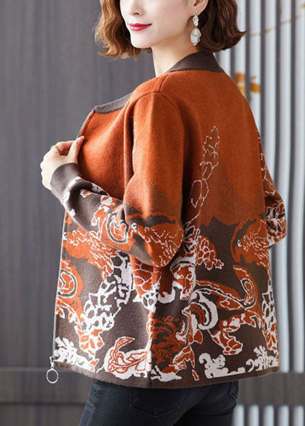 Orange Jacquard Knit Coat Outwear O-neck Zip Up Long Sleeve