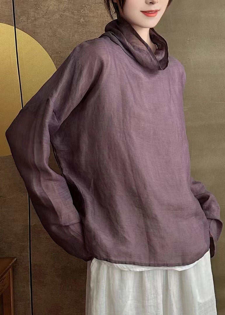 Simple White Turtle Neck Patchwork Linen Shirts Long Sleeve