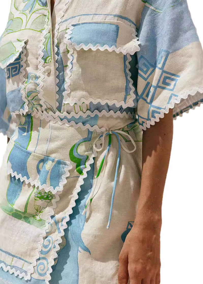 Peter Pan Collar Print Lace Up Cotton Two Piece Set Summer