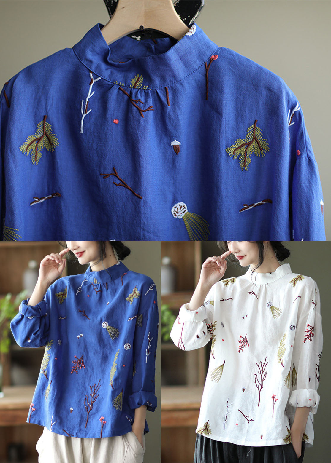 White Linen Stand Collar Shirt Top Long Sleeve