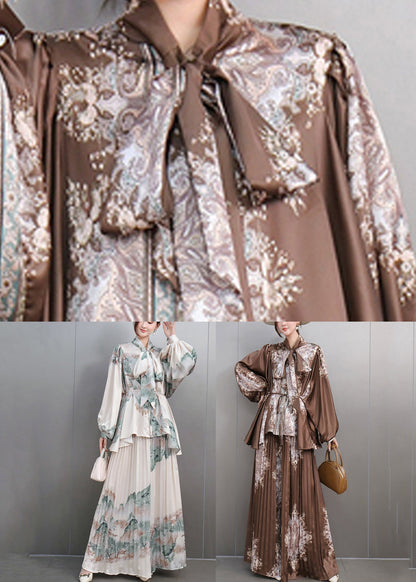 Coffee Asymmetrical Sashes Chiffon Top and Maxi Skirts Two Pieces Set Long Sleeve