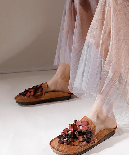 Brown Cowhide Leather Soft Splicing Hollow Out Slide Sandals