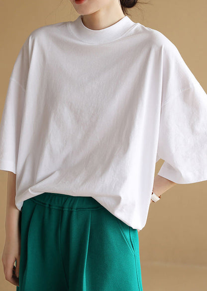 Loose White O Neck Cotton T Shirts Half Sleeve