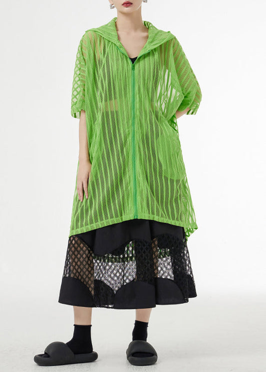 Green Hooded Hollow Out Patchwork Tulle Upf 50+ Coat Half Sleeve